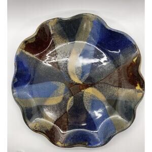Studio Art Pottery Ruffle Edged Dish Artist Signed. Approximately 10” Multicolor